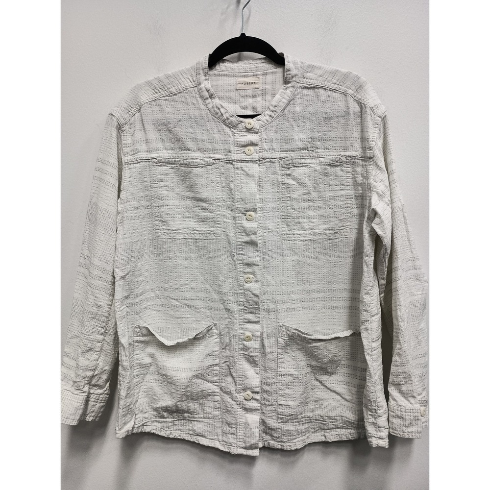 Poetry Button Up Shirt Womens Large White Coastal Sustainable Textured Striped